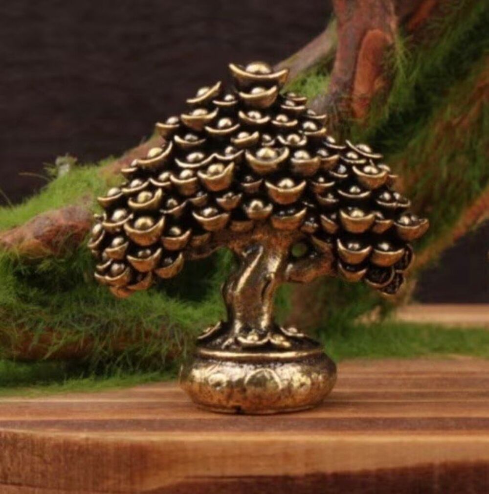 Rare Brass Money Tree Feng Shui Lucky Financial Prosperity Figurine